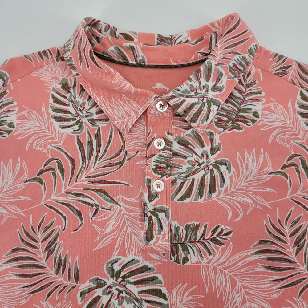 Tommy Bahama Mens XL Coral Pink Tropical Monstera Leaf Beach Cotton Polo Shirt